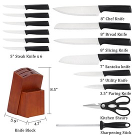 Knife Set, 15Pcs Kitchen Knife Set with Block and Sharpener, High Carbon Stainless Steel Ultra Sharp Knives for Kitchen, 6 Steak Knives, Anti-slip Handle, Black, Elegant Gift