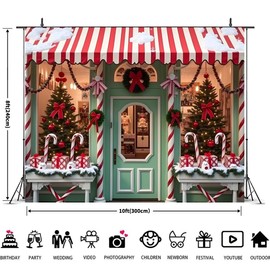 Christmas Backdrop 10x8ft Winter Snow Candy Cane Christmas Shop Backdrop Santa's Toy Shop Xmas Tree Photography Background New Year Xmas Party Decorations Banner
