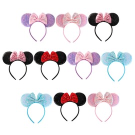Kacmagic 10-Pack Sequin Mouse Ears Headbands, Shiny Bows Hairbands Sparkly Hair Accessories for Adults, Women, Girls, Perfect for Theme Parks, Parties and Cosplay