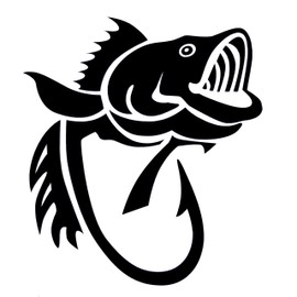 WickedGoodz Bass Fish Hook Vinyl Decal Transfer - Fishing Sticker - Gold, White, or Black 5" and 8" (Black, 5")