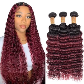 BilltiiWW Ombre Bundles 1B99J Loose Deep Curly Wave Bundles Two Tone Black to Burgundy Brazilian Hair Weave Soft and Silky for Women 10 12 14 Inch