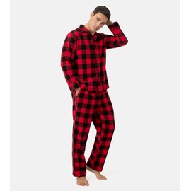 Men's 100% Cotton Flannel Pajama Set Pyjamas Top & Bottom M95 (Black & Red Checked, Large)