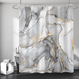 Grey Marble Shower Curtain, Modern Abstract Fabric Shower Curtains for Bathroom, Luxury Art Decor Silver Gray Gold Ink Texture Watercolor Shower Curtain Set with Hooks 72x72