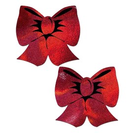 PASTEASE Nipple Pasties - Bow: Holographic Red Bows Nipple Pasties - Christmas Stocking Stuffer - Holiday New Years Eve Special Occassion Aesthetic Outfit Accessory