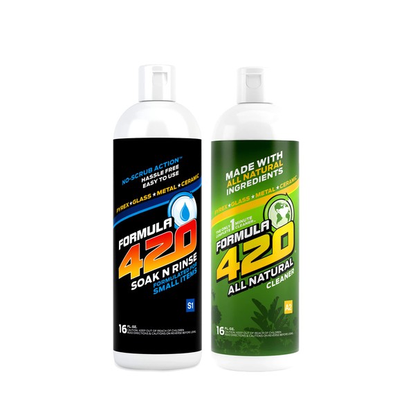 Formula 420 Perfect Pair : 1 Bottle Soak-N-Rinse 16 oz & 1 Bottle All Natural Pipe Cleaner - Cleans - Glass, Pyrex, Metal, Ceramic 16 oz (2 Bottles Total)