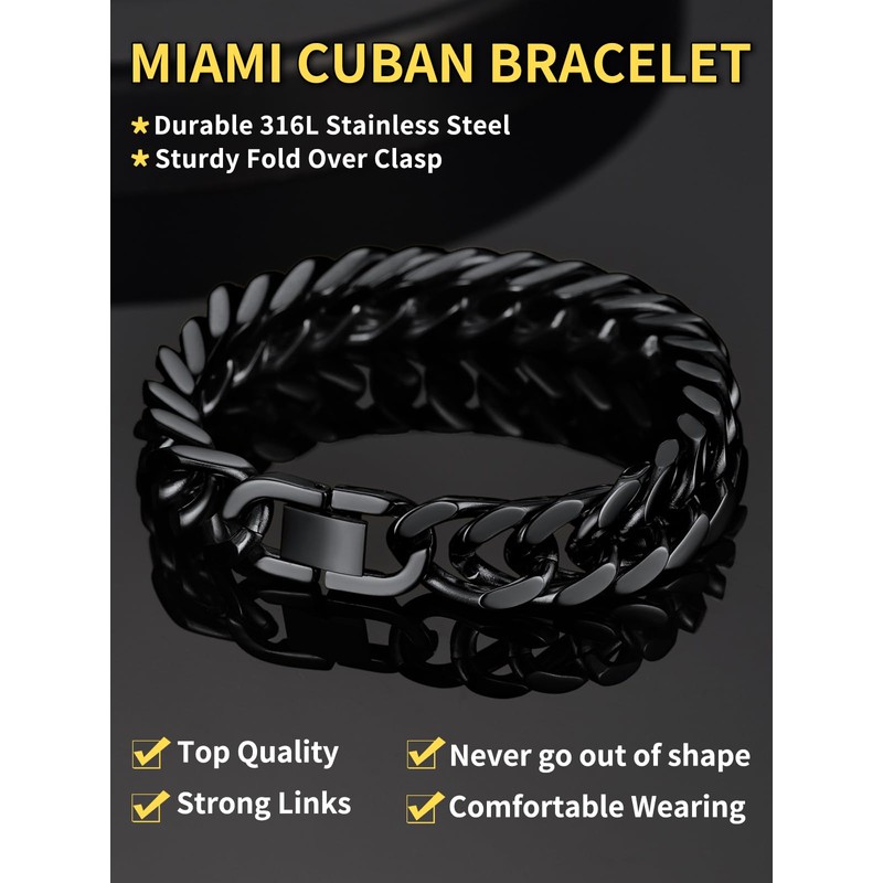 Black Mens Cuban Bracelet 12mm 21cm with High Polished Curb