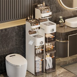 CMINAUS Narrow Bathroom Standing Storage Cabinet,Bathroom Floor Cabinet with Drawers & 1 Flip-Open Cover,Slim Organizer Cabinet for Toilet Paper Holder,Plastic Drawer Cabinet for Small Space(3 Layer)