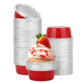 Beasea Disposable Baking Cups, 8oz 200 Pack Aluminum Ramekins Foil Baking Cups 3.9" Ramekin Cup Cupcake Aluminum Mini Baking Cups for Party - Red