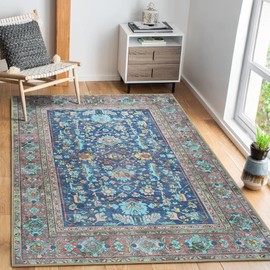 GIONARA Navy Blue Oushak Area Rug 2'5x5' - Washable Area Rugs, Non-Slip Small Throw, Vintage Low Pile Turkish Eclectic Pastel, Accent Area Rug for Living Room, Bedroom Kitchen, Bathroom, Kids Room