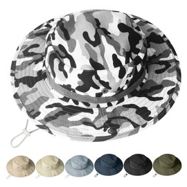 NPQQUAN Sun Hats for Men Women Wide Brim Bucket Hat UPF 50+ Protection Breathable Boonie Hat Fishing Hiking White and Grey Camouflage
