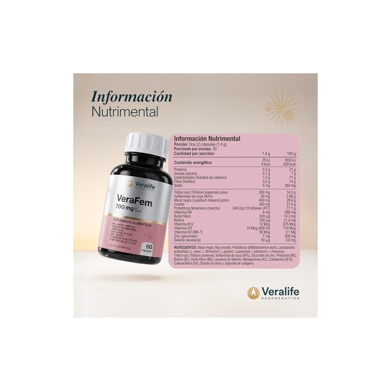 Verafem Probióticos Femeninos Vitaminas Minerales Maca Biotina Trebol Rojo Suplemento