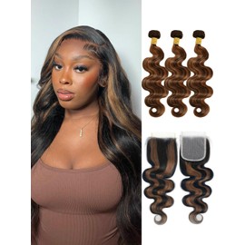 Anmetan FB30 Brown Highlight Bundles with Closure Human Hair 16 18 20+16 Inch, Ombre Body Wave 3 Bundles with 4x4 HD Transparent Lace Closure 10A Unprocessed Soft Remy Hair Balayage Hondy Blonde Color