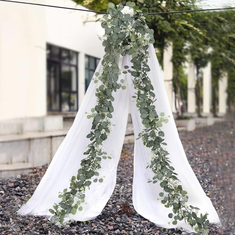 Eucalyptus Garland with White Flowers, 4 Packs 180cm Silver Dollar