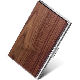 MaxGear Walnut Wood Business Card Holder for Women & Men, Pocket Business Card Case Slim Business Card Wallet Business Card Holders Name Card Holder, 3.7 x 2.3 x 0.48 inches, Walnut & Stainless Steel