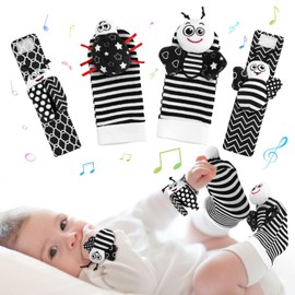Kaisibum 4pcs Baby Toy Baby Rattle Socks with Wrist Strap, Soft Black White Rattle Toy with Bees Ladybird, Newborn Foot Finder Socks Wrist Rattles for Baby 0-12 Months