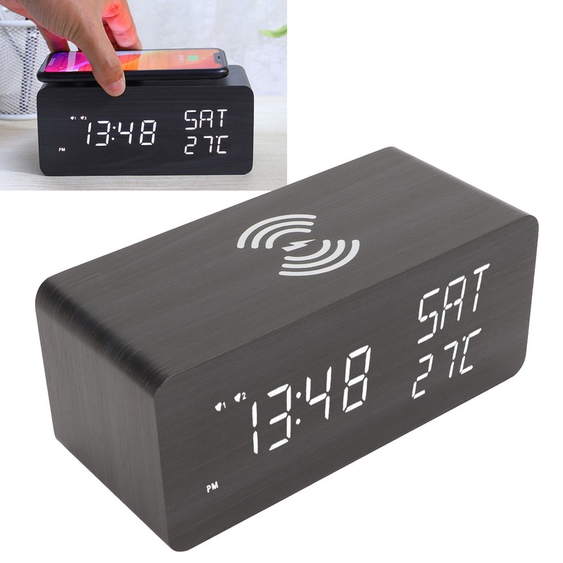 Wooden Digital Alarm Clock with Wireless Charging Black Adjustable Brightness