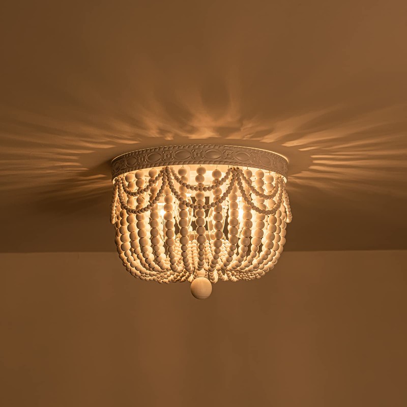 CHOOHUE 4-Lights Bohemian Flush Mount Ceiling Light Wood Beaded Mini