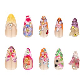 24Pcs 3D Flower Press on Nails Almond Short Fake Nails with Colorful Embossed Floral Butterfly Designs Pearl Rhinestones Charms Full Cover Glue on Nails French Tip Acrylic False Nails for Women