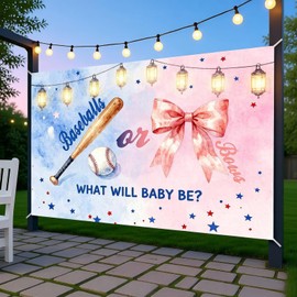What Will Baby Be Photography Backdrop Baseballs or Bows Photo Background Pink and Blue Gender Reveal Baby Shower Decorations Banner 7x5ft