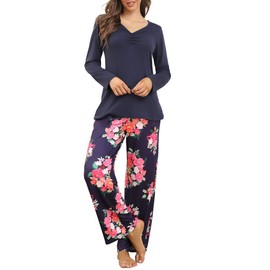 Famulily Ladies Wide Leg Pyjamas Floral Soft Loungewear Winter Pjs Set Cotton Long Sleeve Sleepwear with Pockets Navy M