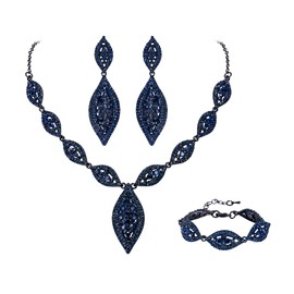 Flyonce Wedding Jewelry Set Rhinestone Crystal Bridal Leaf Necklace Link Bracelet Drop Dangle Chandelier Earrings Navy Blue