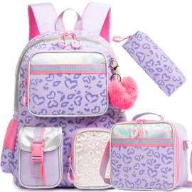 Meetbelify Backpack for Girls School Backpack Aesthetic Backpack with Lunch Box for Elementary Student Teen Girls Cute School Bag Kids Bookbag for Girls 8-10 Purple Love