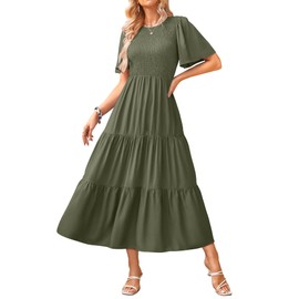 KIRUNDO Wedding Guest Dresses for Women Short Sleeve Smocked a Line Empire Waist Tiered Elegant Vacation Flowy Summer Dress(Large, Army Green)