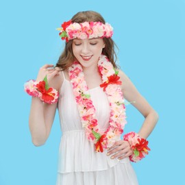 Layseri Hawaiian Luau Flower Leis Jumbo Necklace Bracelets Headband Set Mahalo Floral Leis (Pink and Rose red)