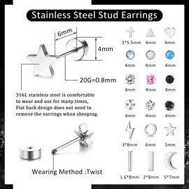 MILACOLATO 18 Pairs of Helix Piercings Ear Cartilage Earrings for Women Stainless Steel Stud Earrings Helix Tragus of Moon Star Heart Disc CZ Geometric Stainless Steel Earrings Women's Piercing