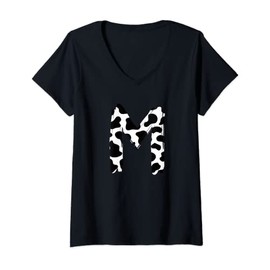 Womens Creative Bold Marker Letter M - Cow Pattern Design V-Neck T-Shirt