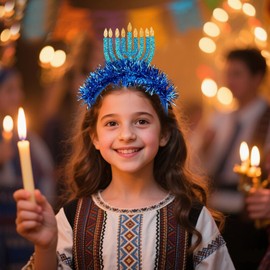 WIWUFUE Hanukkah Headband with 9 Glitter Blue Candles & Glitter Fringe - Festive Blue Menorah Hairband for Jewish Holiday Celebrations, Perfect for Women