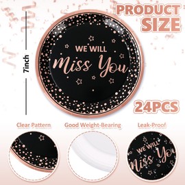 JarThenaAMCS We Will Miss You Paper Plate Black Rose Gold Foil Farewell Disposable Dinner Plate 7 Inch Dessert Plate For Going Away Goodbye Retirement Party Supplies, 24Pcs