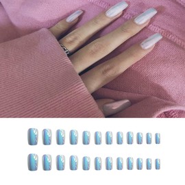BABALAL 24PCS Punk Square Nails Metallic Mirror Effect Full Cover Fake Nails Ins Style Press on Nails for Women and Girls