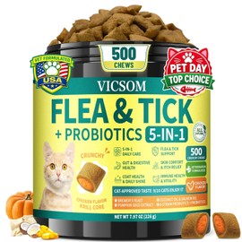 Flea and Tick Prevention for Cats, 500 Crunchy & Krill Chews with Probiotics for Cats, Cat Flea Chews with Gut & Digestive Support, Skin & Coat Support for All Breeds & Ages, Chicken Flavor