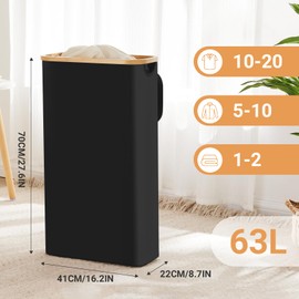 Slim Laundry Hamper with Lid by Fiona's magic, 63L Narrow Laundry Basket with Removable Bag, Black Collapsible Dirty Clothes Basket, Thin Tall Storage Basket for Bathroom, Bedroom