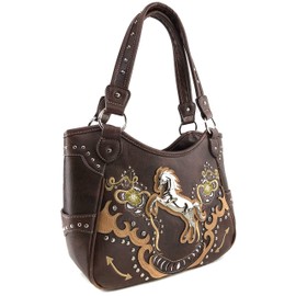 Zelris Floral Poppy Horse Western Women Conceal Carry Tote Handbag Purse (Brown Gold)