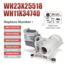 WH23X25518 Ge Washer Drain Pump Assembly(OEM)，WH11X34740 Ge Front Load Washer Drain Pump Compatible with GFW400SCK0WW GFWH1200D0WW GFWH3405L0BB, Replaces WH23X20825 4977212 AP7195487
