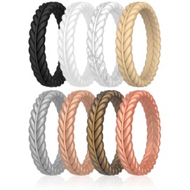 ThunderFit Silicone Wedding Rings for Women, Braided Pattern Engagement Bands 4.6mm Wide 2.2mm Thick - 1/8/9 Variety Multipack (Pack H, Size 7.5-8 (17.8mm))