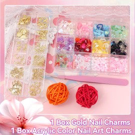 Tatiwoo 3D Nail Charms and Gems, Gold Nail Charms Dollar Planet Butterfly Crown Cross Bows, Mix Color Bowknot Heart Flower Butterflies Acrylic Nail Art Charm for Nails Art DIY