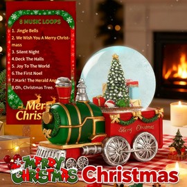 Lighted Musical Christmas Train Snow Globe Lantern with Christmas Trees, Battery Operated Water Glittering Lantern with Music and 6H Timer Christmas Table Centerpiece Decoration and Gift