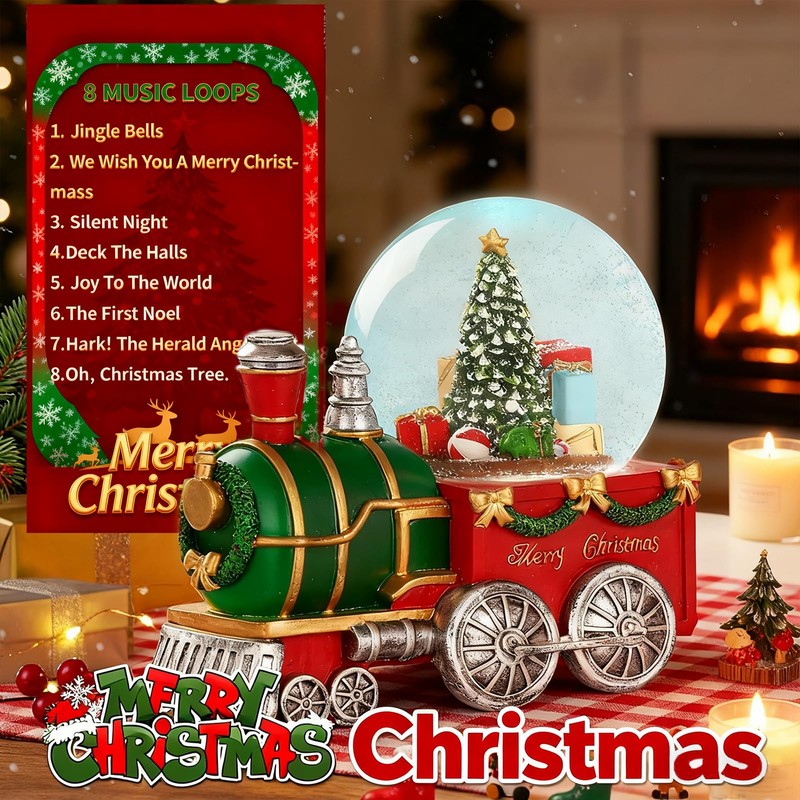 Lighted Musical Christmas Train Snow Globe Lantern with Christmas Trees,
