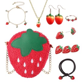 8 Pcs Strawberry Jewelry Set, Strawberry Accessories, Strawberry Shoulder Bag, Strawberry Earrings/Necklace/Bracelet/Adjustable Ring/Hair Rope/Hair Clip for Women Gifts Kawaii Cute
