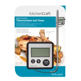 KitchenCraft Digital Food Thermometer and Kitchen Timer with Probe for Meat, Sugar, Jam and More, Silver, 8 x 8 x 2 cm