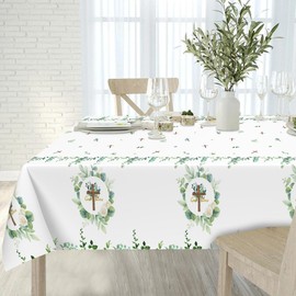 Lianxuia 3Pcs God Bless Baptism Tablecloth, 54 x 108 Inch Eucalyptus Leaf Cross Religious Table Cover, Sage Green Plastic Tablecloth for Baby Showers, First Communion Decorations