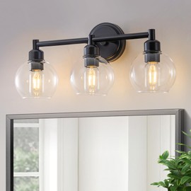Yezgge Modern Black Bathroom Vanity Lights,3-Light Matte Black Bathroom Light Fixture with Clear Glass Globe Shades, Adjustable Brightness Vanity Lighting fixtures for,Kitchen,Bedroom,Hallway