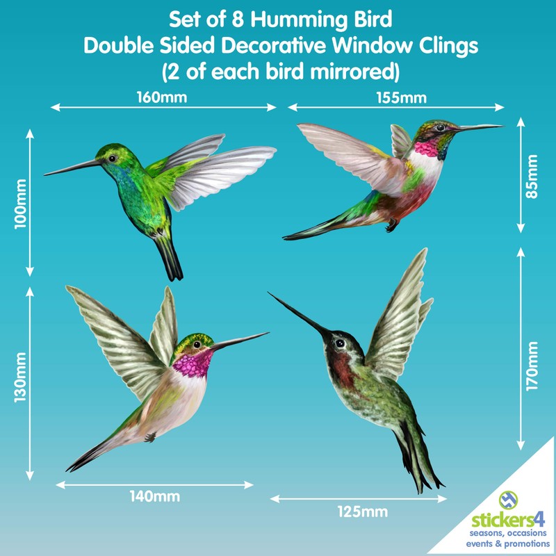 8 Large Beautiful Humming Bird Static Cling Window Stickers -