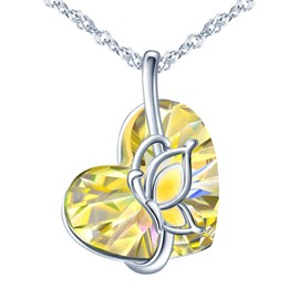 INFINIONLY Heart of the Ocean Crystal Necklace, Women's Heart Yellow Gradient Crystal Necklace Pendant, Butterfly Surround, elegant and unique, 925 Silver, With 45cm water wave chain