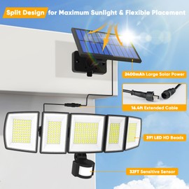 MDCMDCM Solar Motion Lights Outdoor - with 16.4ft Cable, 3000LM LED Security Lights for Outside Dusk to Dawn, IP65 Waterproof Flood Lights with Remote for Court Yard Garage Front Door