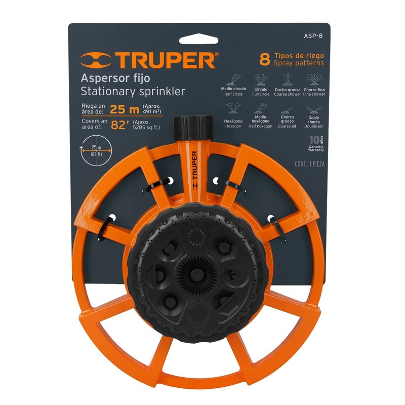Truper ASP-8, Aspersor metálico, 8 funciones, base fabricada en aluminio