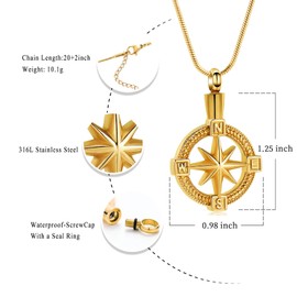 Oinsi Compass Cremation Pendant Necklace For Ashes For Men Women Stainless Steel Memorial Urn Jewelry Keepsake Holder Necklace (Gold)